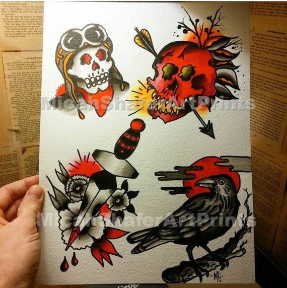 Neo Traditional Traditional Tattoo Flash Print Red Skull Etsy