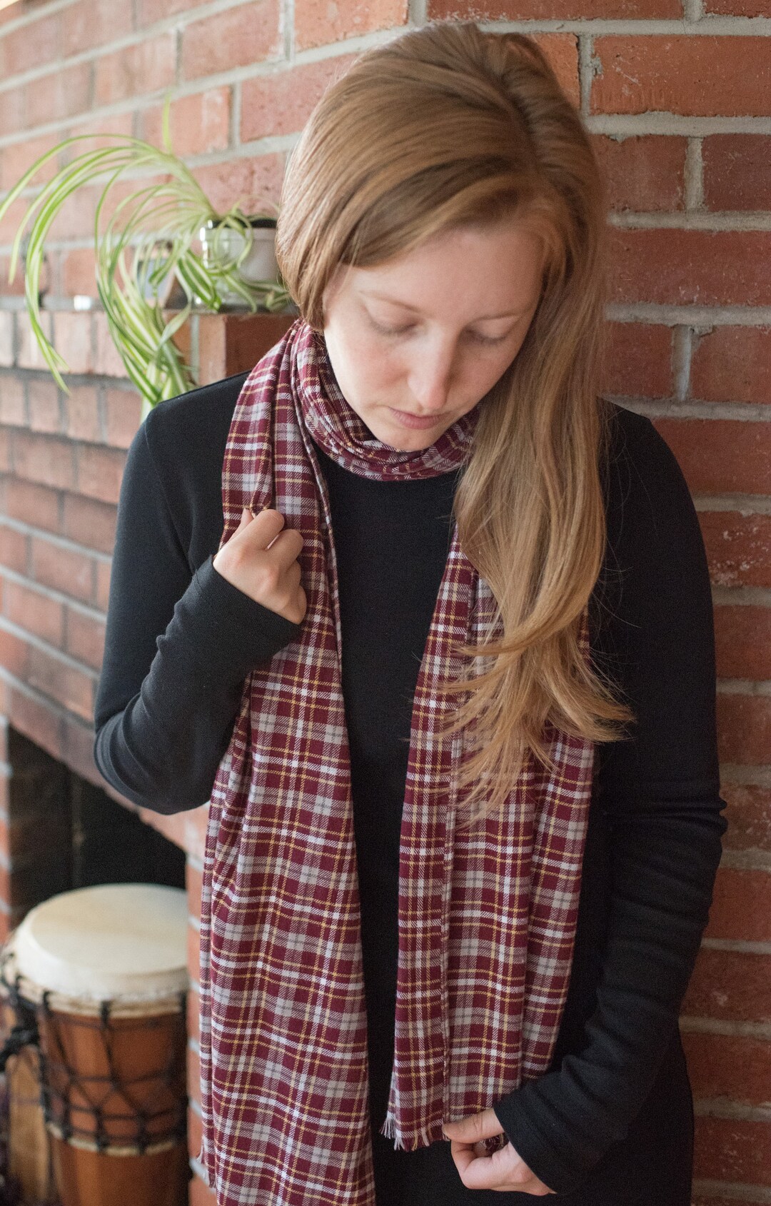 75 Plaid Flannel Scarf Fringed Ends 15 X 75 Red Unisex Men's Women's