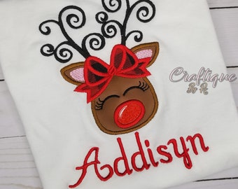 Reindeer Name Shirt, Girl Reindeer Christmas T-Shirt, Christmas Kids Shirt, Embroidery Kids Christmas Shirt, First Christmas