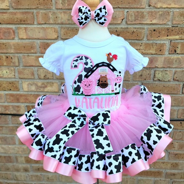 Pink Girls Birthday Barnyard Outfit, 1st Birthday Farm Birthday Outfit/Barnyard Birthday Shirt, First Birthday Cow Outfit, Cow Birthday