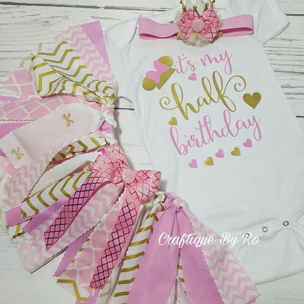 Conjunto de tutú de tela - Traje de medio cumpleaños - Conjunto de tutú de cumpleaños rosa y dorado - Traje de cumpleaños - Conjunto de tutú de tela