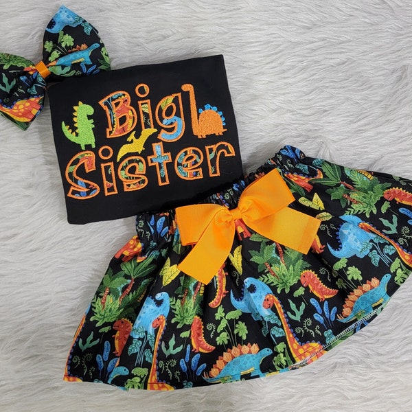 Big Sister Dinosaur Skirt Outfit - Embroidery Shirt - Skirt Set - Dinosaur Shirt