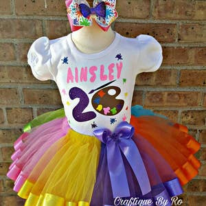 Paint Party Rainbow Tutu Set - Artist Birthday Outfit - Birthday Ribbon Trimmed Tutu Set - Paint Party Birthday Outfit - Paint Pallet