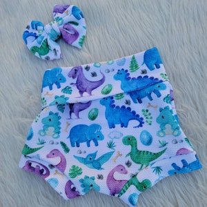 Purple and Blue Dino Bummie - Dinosaur Bummie and Bow - Bummie Set - Purple, Blue and White
