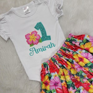 Atuendo para niña para cumpleaños de luau: atuendos de cumpleaños hawaianos, conjunto de camisa bordada y falda