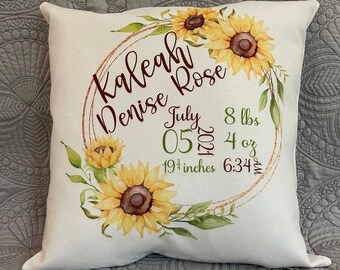 Birth Stat Pillow, Baby Girl Pillow, Sunflower Pillow, Nursery Pillow, Personalized Baby Gift, Baby Shower Gift, Baby Girl Gift