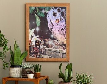 Owl Eyes on Me (Collage Art, Trippy Art, Vintage Art, Surreal Wall Art, Animal Art, Psychedelic Art Print, Surreal Landscape)