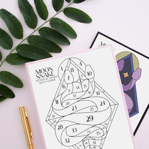 May include: A black and white printable Moon Snake pattern with numbers 1 through 48. The pattern is a geometric design with a snake-like shape.