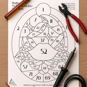 May include: A stained glass pattern with tools. The pattern is on a white paper with black lines and numbers. Tools include a glass cutter, red-handled pliers, and a soldering iron. The text on the paper says "Pattern by: Sc Matte".