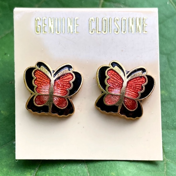 Small Vintage Genuine Cloisonné Enamel Black, Pink, and Gold Butterfly Stud Earrings for Pierced Ears. 1980s Insect Costume Jewelry