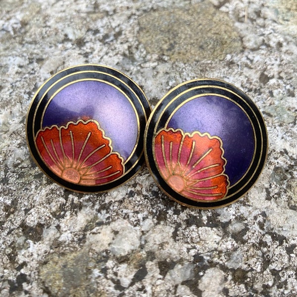 Cloisonne Enamel Round Pierced Earrings. Pink and Orange Half Flower on Purple, Black, and Gold Background. Floral Vintage Jewelry