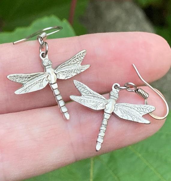 Dangly Pewter Dragonfly Earrings for Pierced Ears Etsy