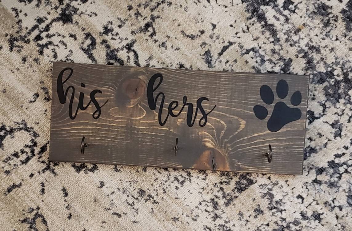 His Hers Paw Key and Leash Sign / Wooden Rustic Plague / | Etsy