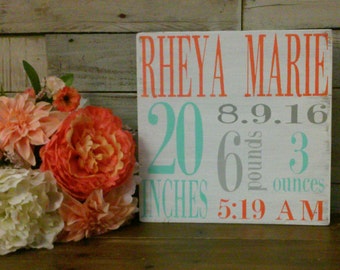 Birth Announcement Wood Sign wall art decor Baby Stats Weight Height Time Rustic Wooden Nursery