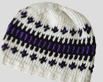 Handmade Knit Winter Hat Purple White