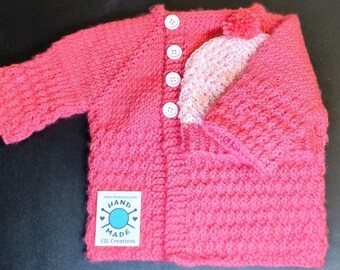 Handmade Knit Baby Cardigan Hat Set Fuchsia 6 Months