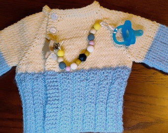 Handmade Baby Cardigan Light Blue White 6 Months With Teether Pacifier