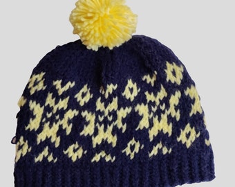 Navy Blue Handmade Knit Fair Isle Winter Hat