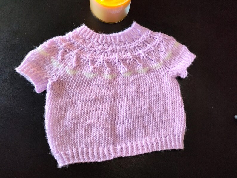 A short-sleeved, light purple knitted sweater featuring a round neckline with a textured yoke pattern. The garment includes a ribbed collar, ribbed cuffs, and a ribbed hem, with a subtle white accent line integrated into the yoke design.