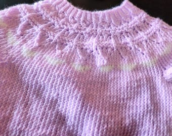 Hand Knit Baby Girl Sweater Lavender Lace 6 to 12 Months Short Sleeve