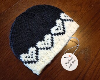 Baby Beanie Hearts Hat Black White Hand Knit 2 sizes 3 to 12 months
