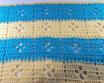 Couverture bébé rayée turquoise et jaune, faite au crochet à la main, couverture pour berceau