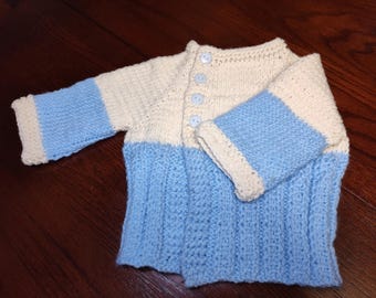 Handmade Knit Baby Cardigan Light Blue and White Newborn to 6 Months