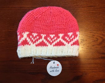 Baby Beanie Hat Pink and White Hearts Hand Knit 3 to 6 Months