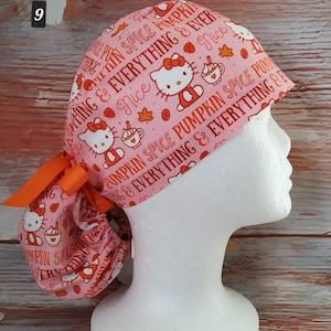 Character Ponytail Caps, Halloween, Fall, Pumpkin spice kitty Kats, women's Scrub Caps