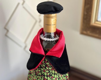 Christmas Wine Bottle Dress: Holiday Print Cotton, Black Velvet Stole