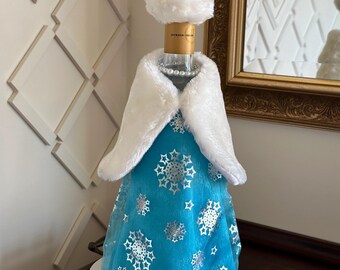 Silver Snowflake Wine Bottle Cover: Turquoise Christmas Table Decor
