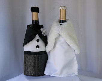 Bride and Groom Wine Bottle Cover, Wedding Party Decor, Bridal Shower Gift, Wedding Wine Dress, Wedding favor