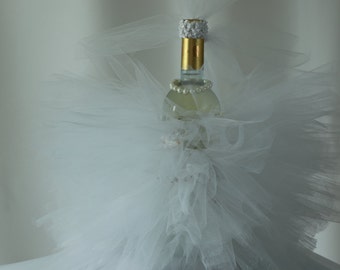 White Tulle Wine Bottle Cover with Faux Pearl Necklace and Hat Topper