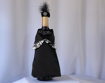 Black and White Wine Bottle Cover, Gift for Her or Hostess Wine Gift