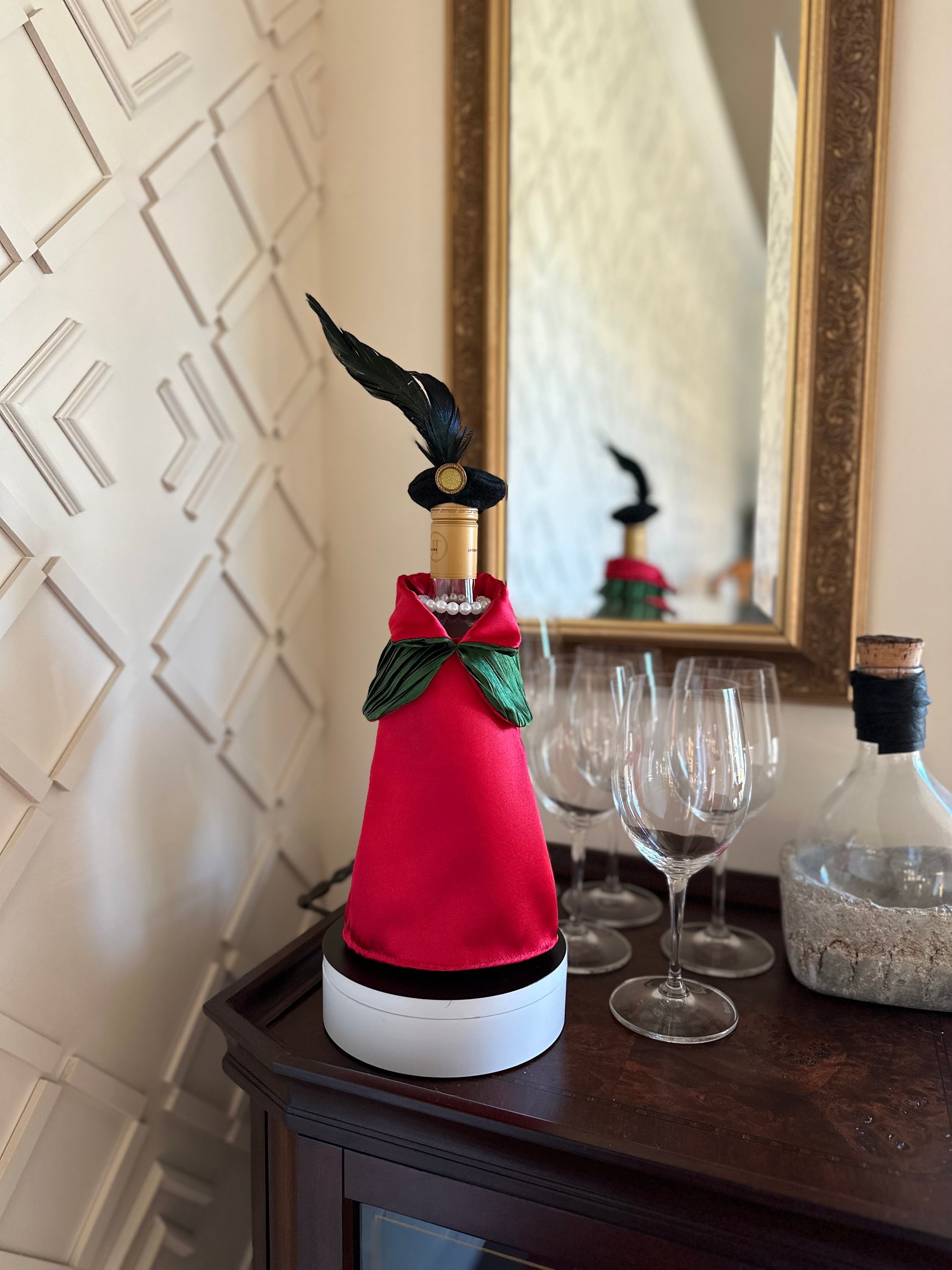 red dress wine bottle Christmas Wine Bottle Dress, Red Satin Cape, Holiday Hostess Gift