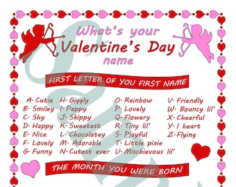 What's your Valentine's Day name, 8" x 10". With Name Tags.  Printable download, Valentine's Day party, game