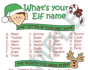 What's your Elf name, 8" x 10" . printable download, Christmas party, game