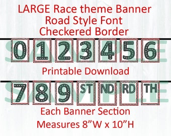 Race theme numbers. LARGE size. Birthday party, Printable download,Road style font,Checkered flag
