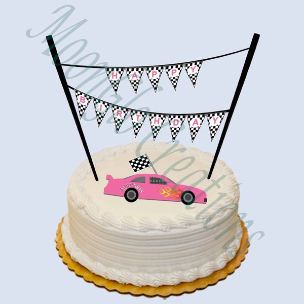 Race car theme 'Happy Birthday' cake banner .Pink. Birthday party, Printable download,checkered flag