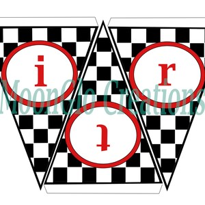 May include: Three black and white checkered pennant flags with red circles and the letters "i", "r", and "1" in white.