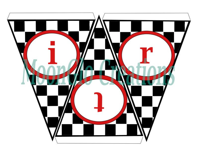 May include: Three black and white checkered pennant flags with red circles and the letters "i", "r", and "1" in white.