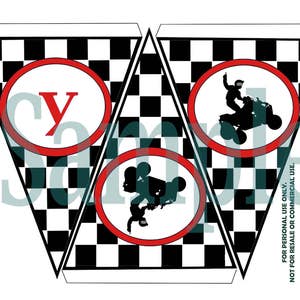 May include: Printable banner with a checkered black and white background. The banner has three sections, each with a red circle. The first circle has the letter "Y" in red. The second circle has a black silhouette of a person riding an ATV. The third circle has a black silhouette of a person riding a dirt bike. The text "CUT OUT EACH BANNER PIECE. FOLD THE WHITE FLAP OVER A PIECE OF RIBBON OR CORD AND GLUE R TAPE INTO PLACE." is printed on the left side of the banner. The text "FOR PERSONAL USE ONLY. NOT FOR RESALE OR COMMERCIAL USE. MoonGloCreations.com" is printed on the right side of the banner.