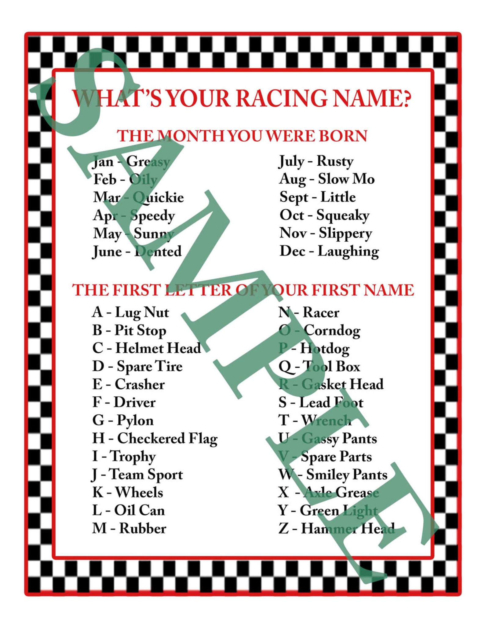 What's Your Racing Name. Printable Download Party Game Etsy Canada