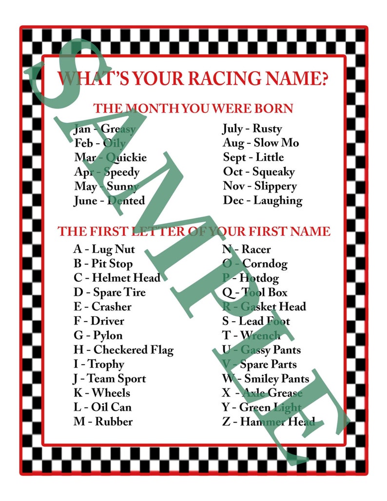 What's Your Racing Name. Printable Download Party Game Etsy Canada