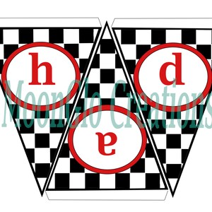 May include: A black and white checkered banner with three red circles. Each circle contains a white letter, spelling out the word "hed".