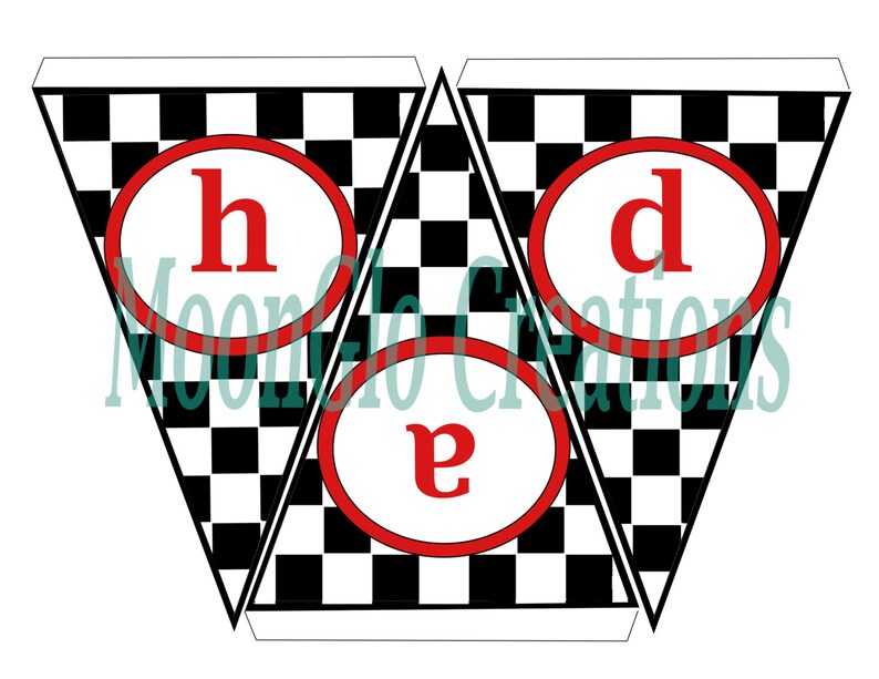 May include: A black and white checkered banner with three red circles. Each circle contains a white letter, spelling out the word "hed".