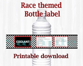 Race car theme Water bottle labels. Birthday party, Printable download,checkered flag