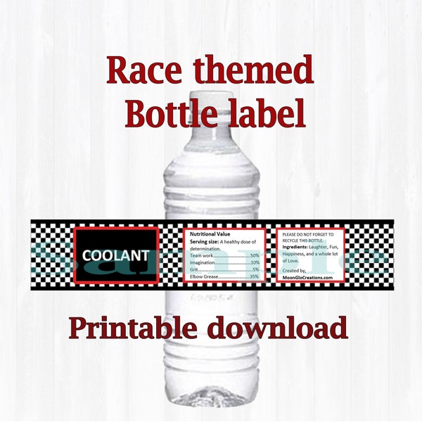 Race car theme Water bottle labels. Birthday party, Printable download,checkered flag