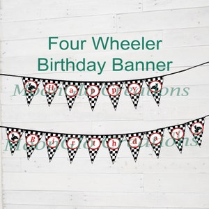 May include: A black and white checkered birthday banner with red circles and the words "Happy Birthday" in red letters. Each flag has a small black and white image of a four-wheeler.