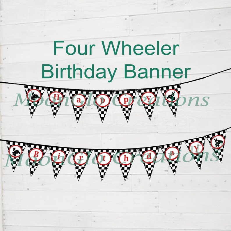 May include: A black and white checkered birthday banner with red circles and the words "Happy Birthday" in red letters. Each flag has a small black and white image of a four-wheeler.